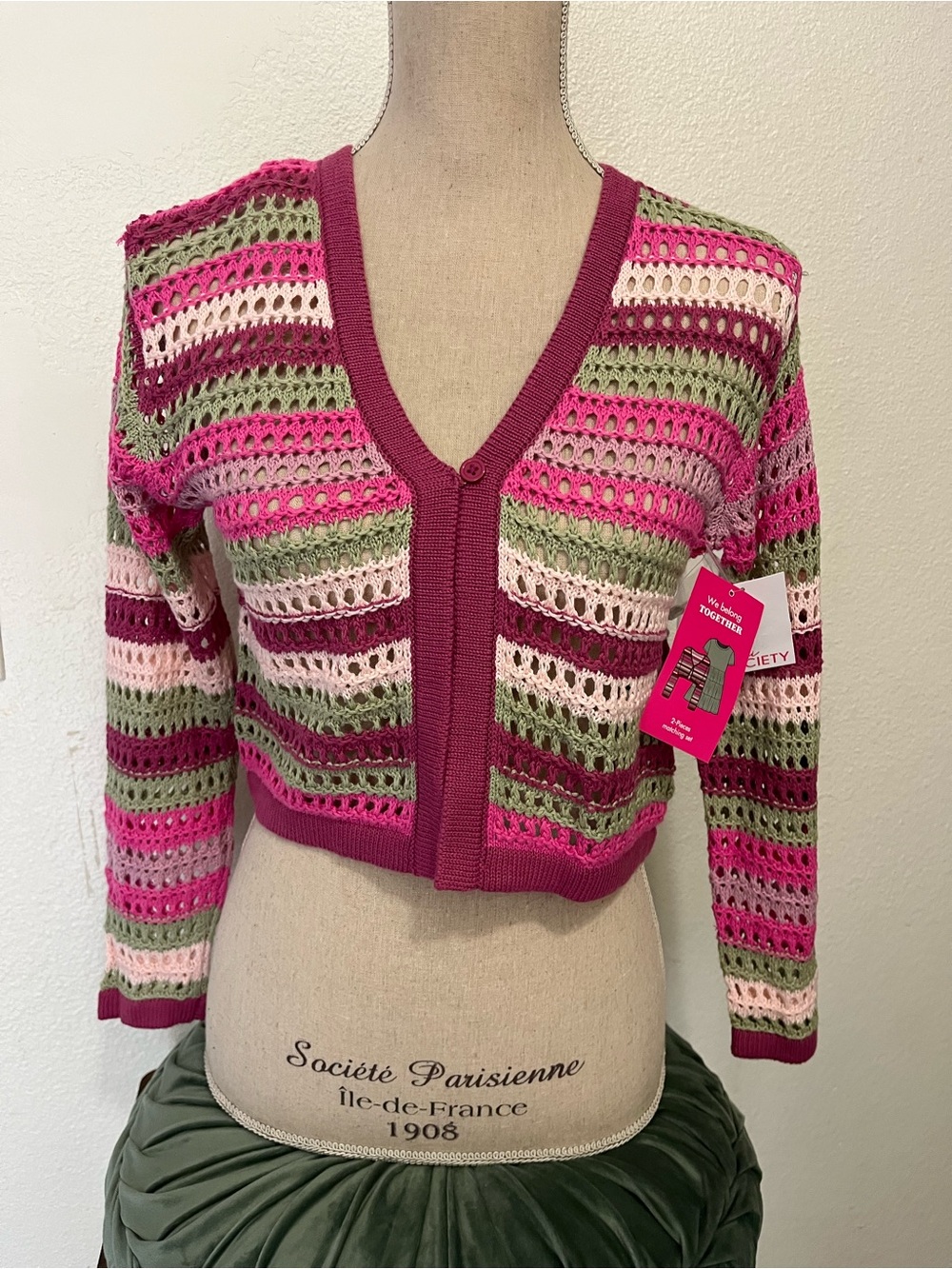 Society Cropped Open-Knit Stripe Cardigan - Berry, Pink & Olive
